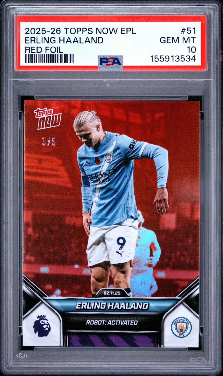 2025-26 Topps Now Premier League #51 Erling Haaland Red Foil parallel graded PSA 10 front view