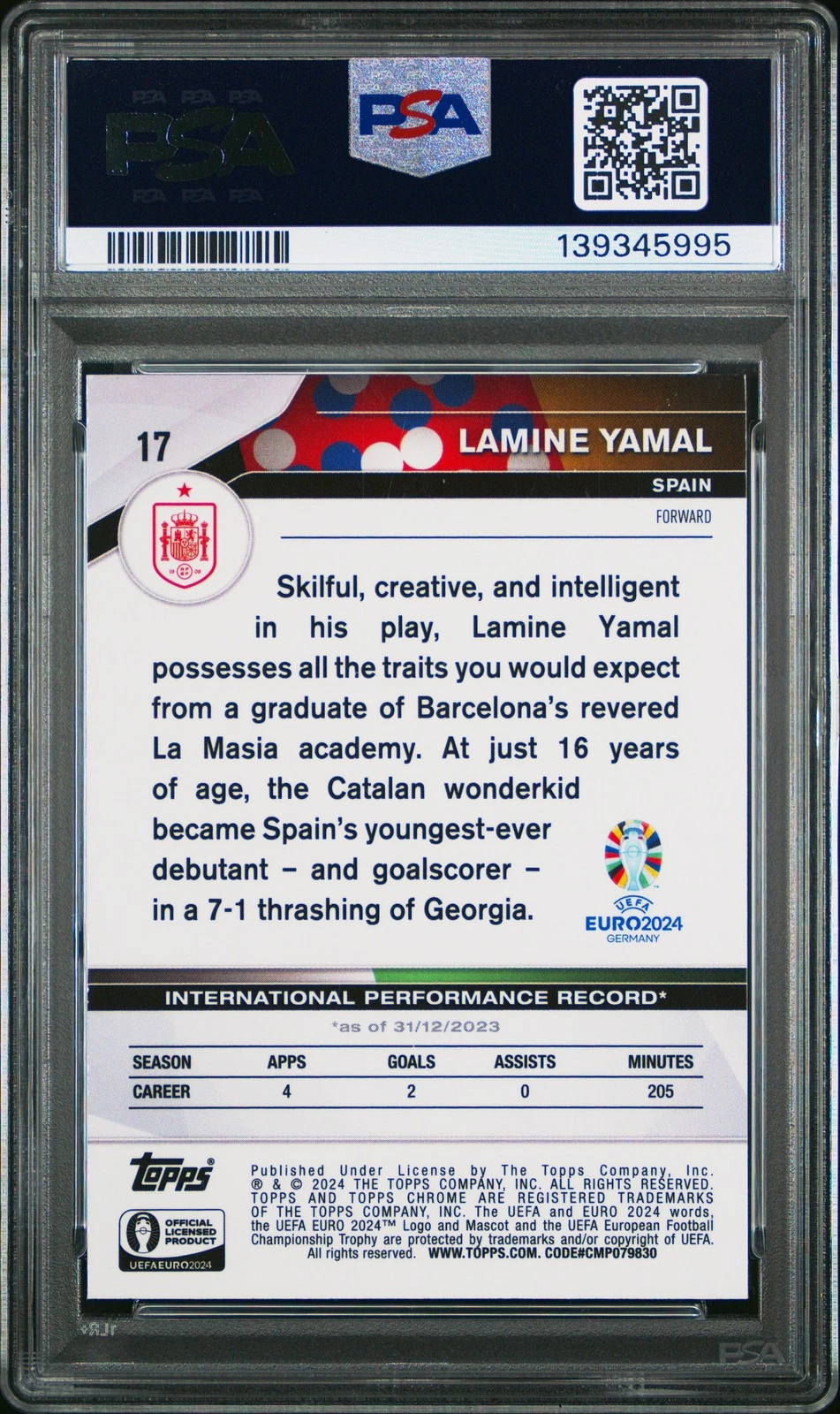 Lamine Yamal Topps Chrome UEFA Euro PSA 10 reverse view
