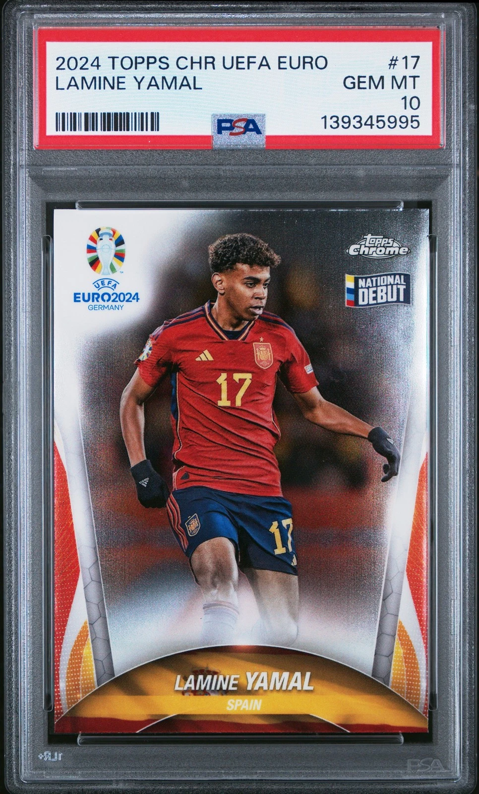 2024 Topps Chrome UEFA Euro #17 Lamine Yamal National Debut PSA 10 Gem Mint front view