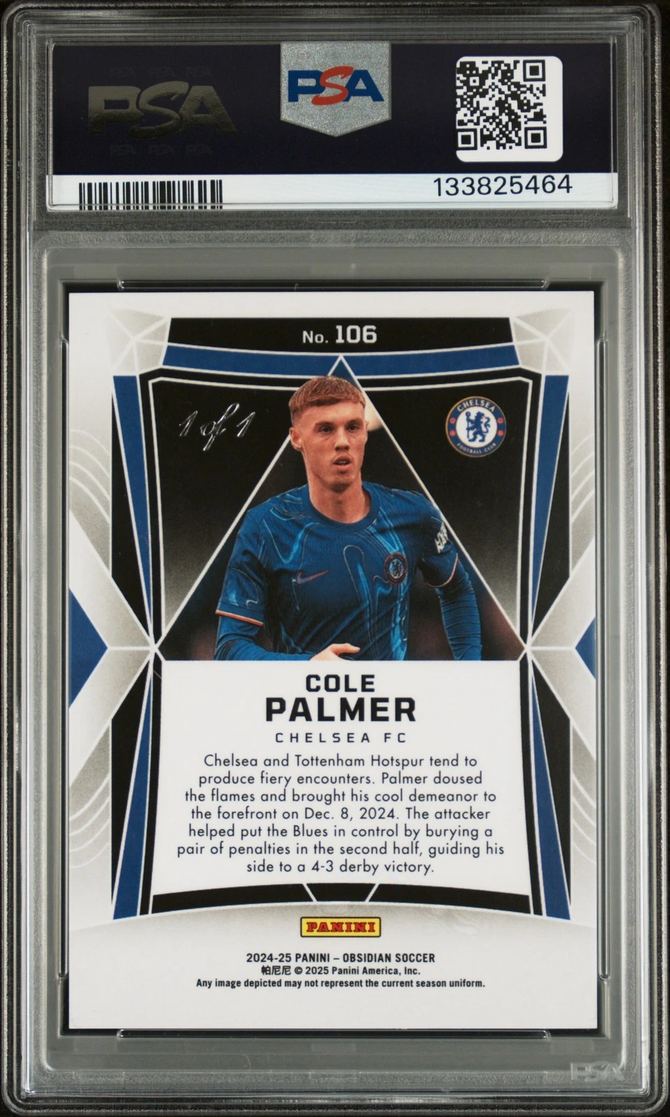 Cole Palmer Obsidian Electric Etch Blue Finite 1/1 PSA 9 reverse view showing serial number